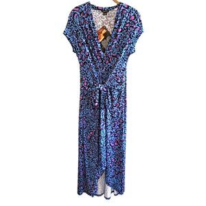 IMAN Animal Print Hi-Low Dress Blue and Black Size Medium Belted NEW